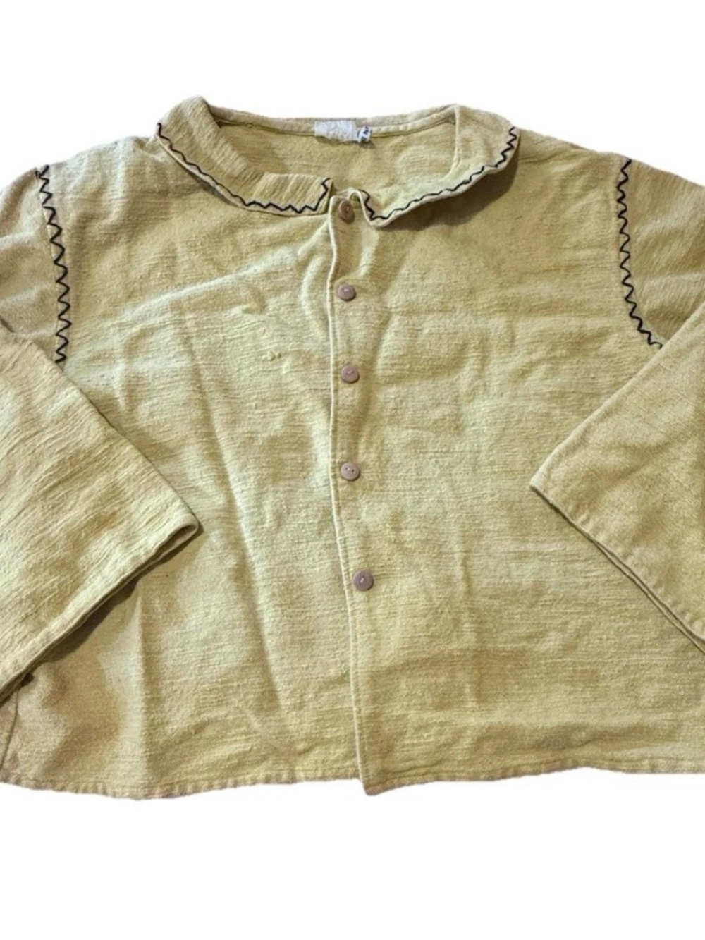 Linen Cotton Blend-Like Jacket Women Large Vintage Wood Button Yellow Collar